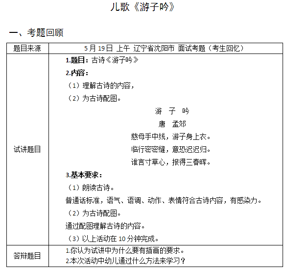 2018上半年幼兒教師資格證面試試講真題（第一批）兒歌游子吟