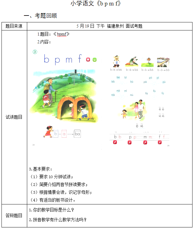 2018上半年小學(xué)語文教師資格證面試真題及答案：《b p m f》考題回顧