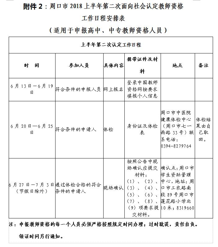 周口市2018上半年第二次教師資格認(rèn)定工作日程表