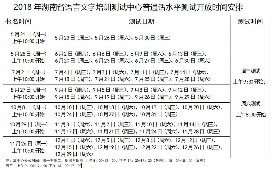 2018年下半年湖南普通話測試時間安排表